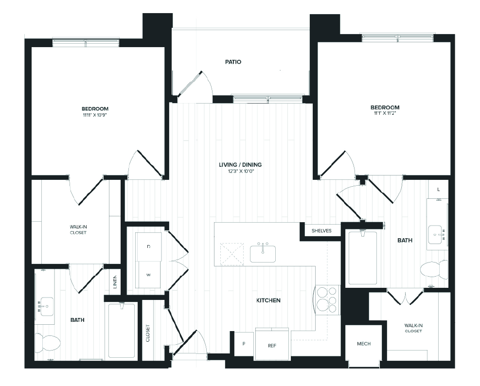 Floor plan for 2 beds, 2 baths, 1004 sqft